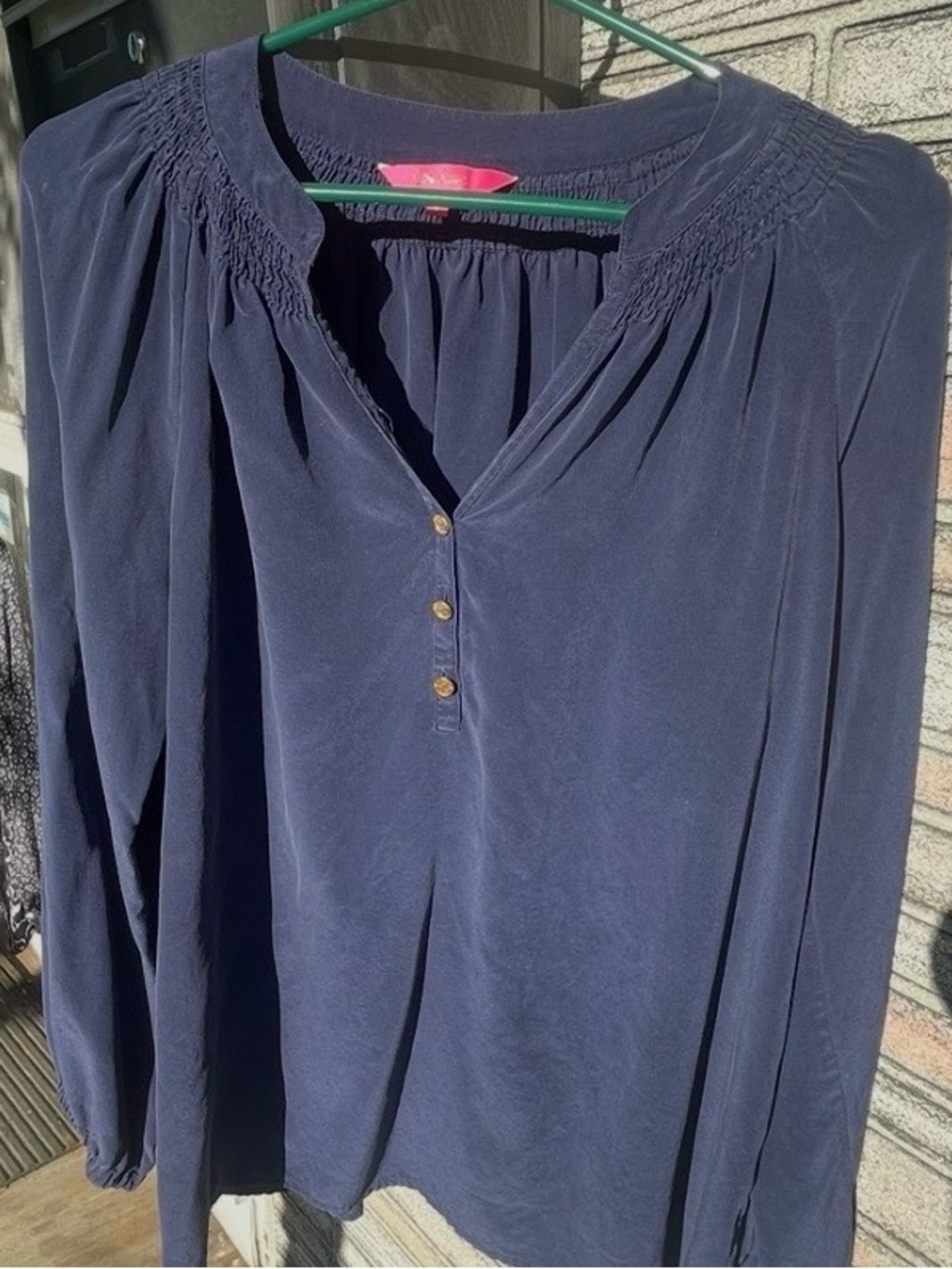 Lilly Pulitzer Navy Long-Sleeve V-Neck Peasant Blouse Large